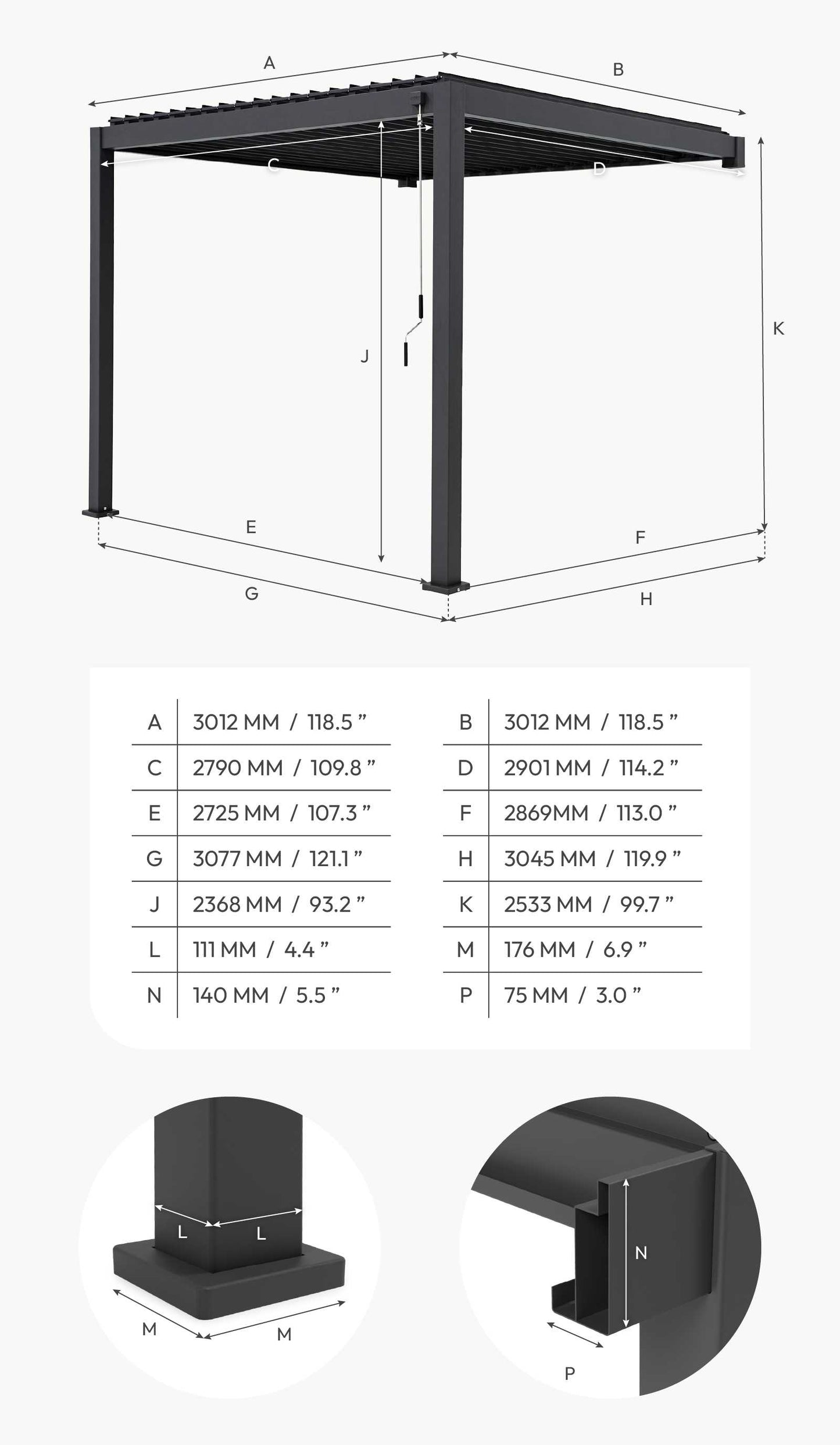 Nova - Titan Aluminium Wall Mounted Pergola 3.6m x 3m, Grey