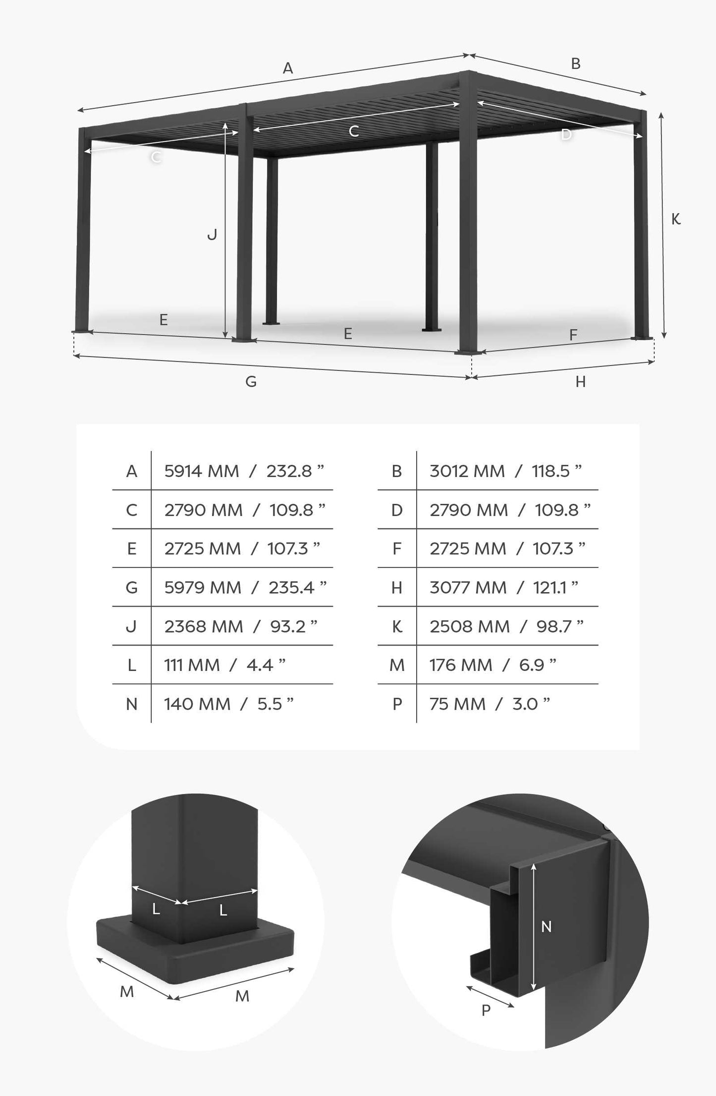 Nova - Titan LED Pergola 6m x 3m, Grey