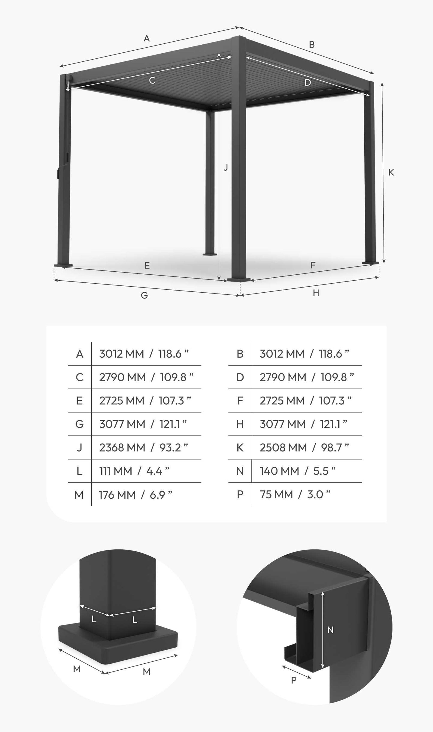 Nova - Titan Aluminium Pergola 3m Square, Pebble