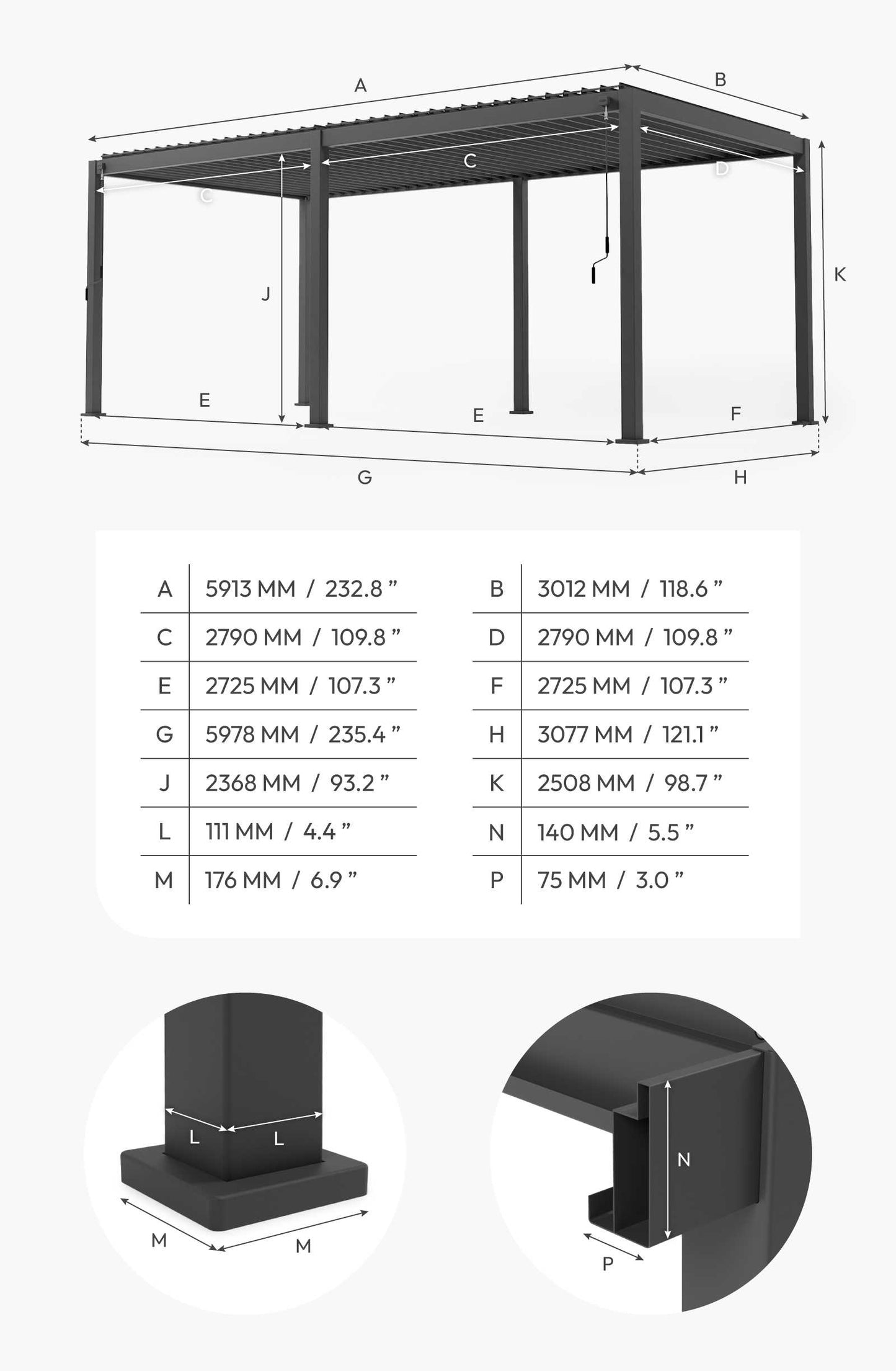 Nova - Titan Aluminium Pergola 6m x 3m, Pebble