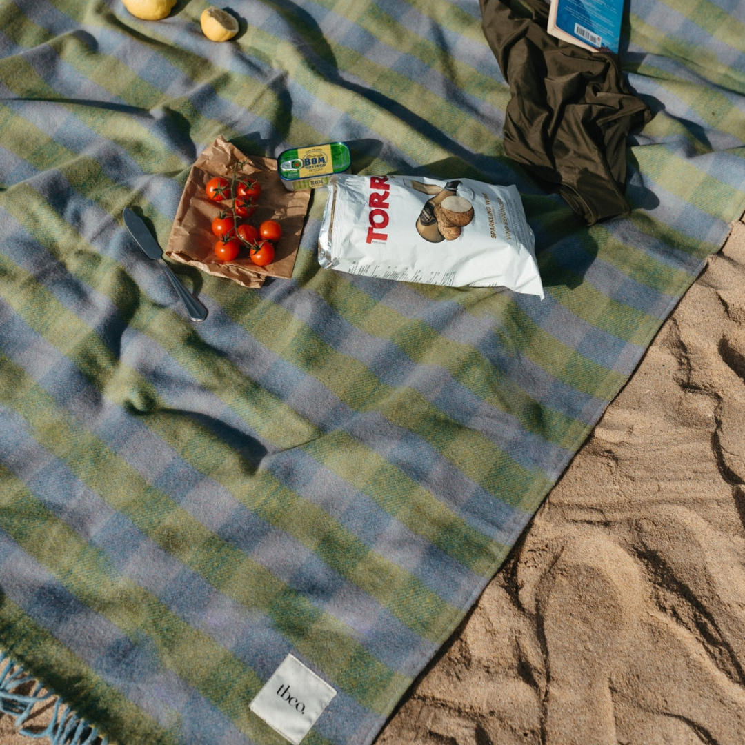Recycled Wool Picnic Blanket, Green Gingham
