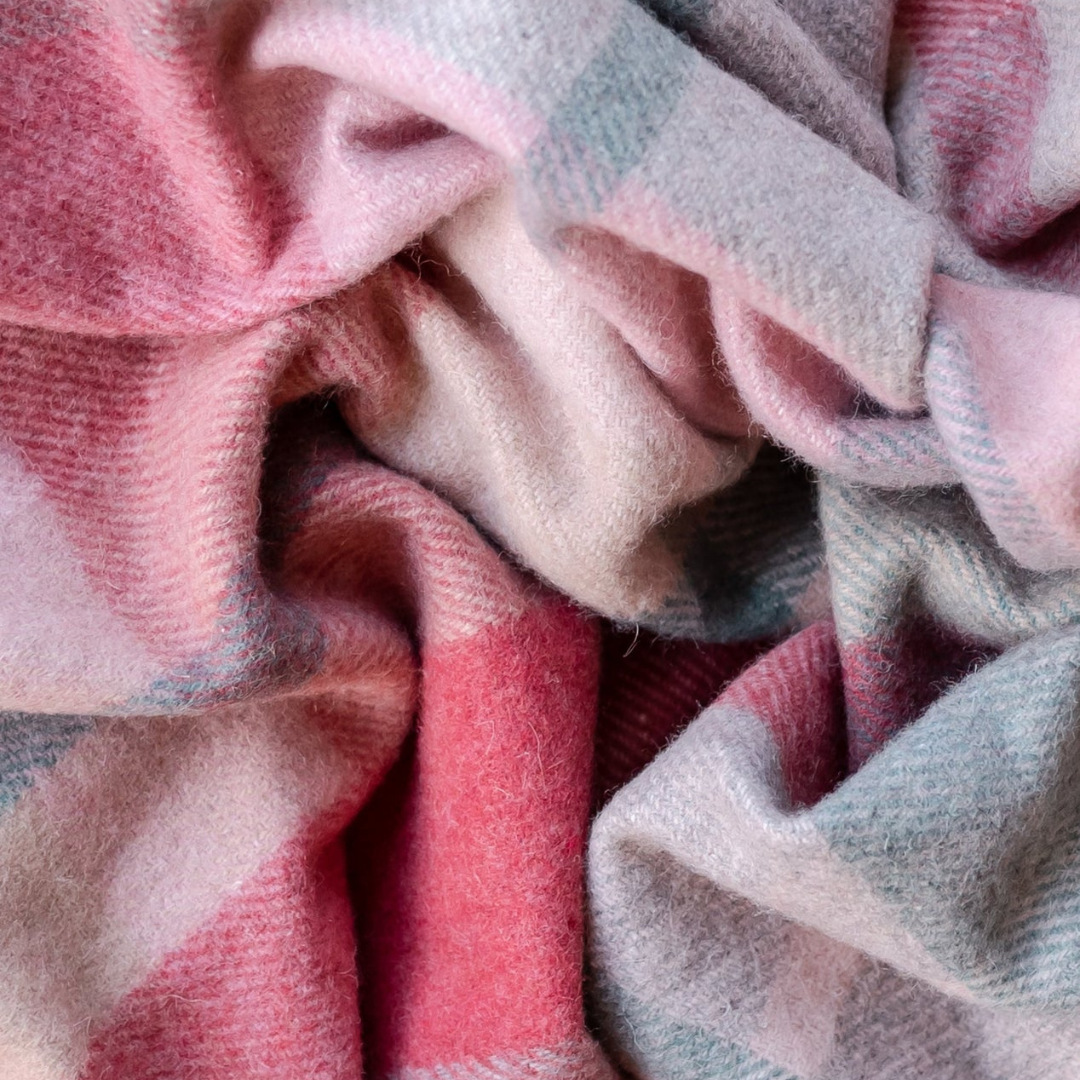 Small Recycled Wool Picnic Blanket, Pink Patchwork Check