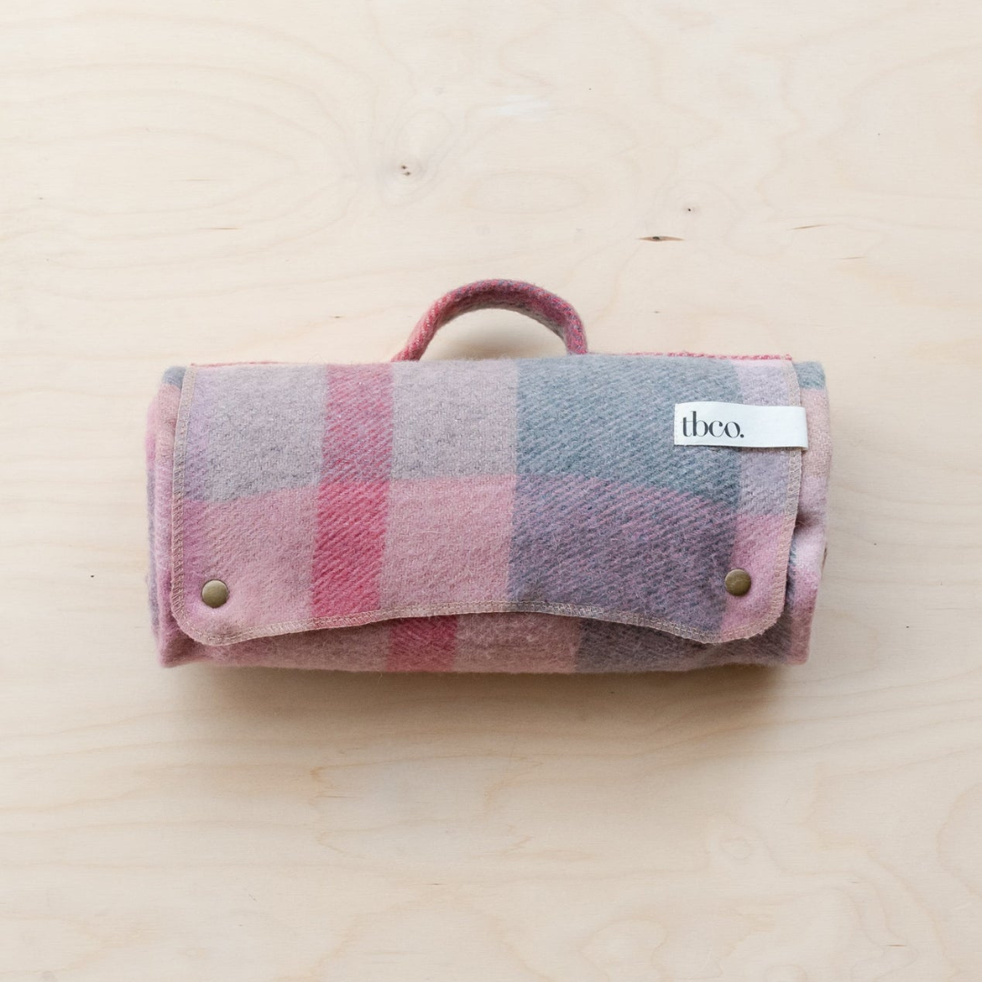 Small Recycled Wool Picnic Blanket, Pink Patchwork Check