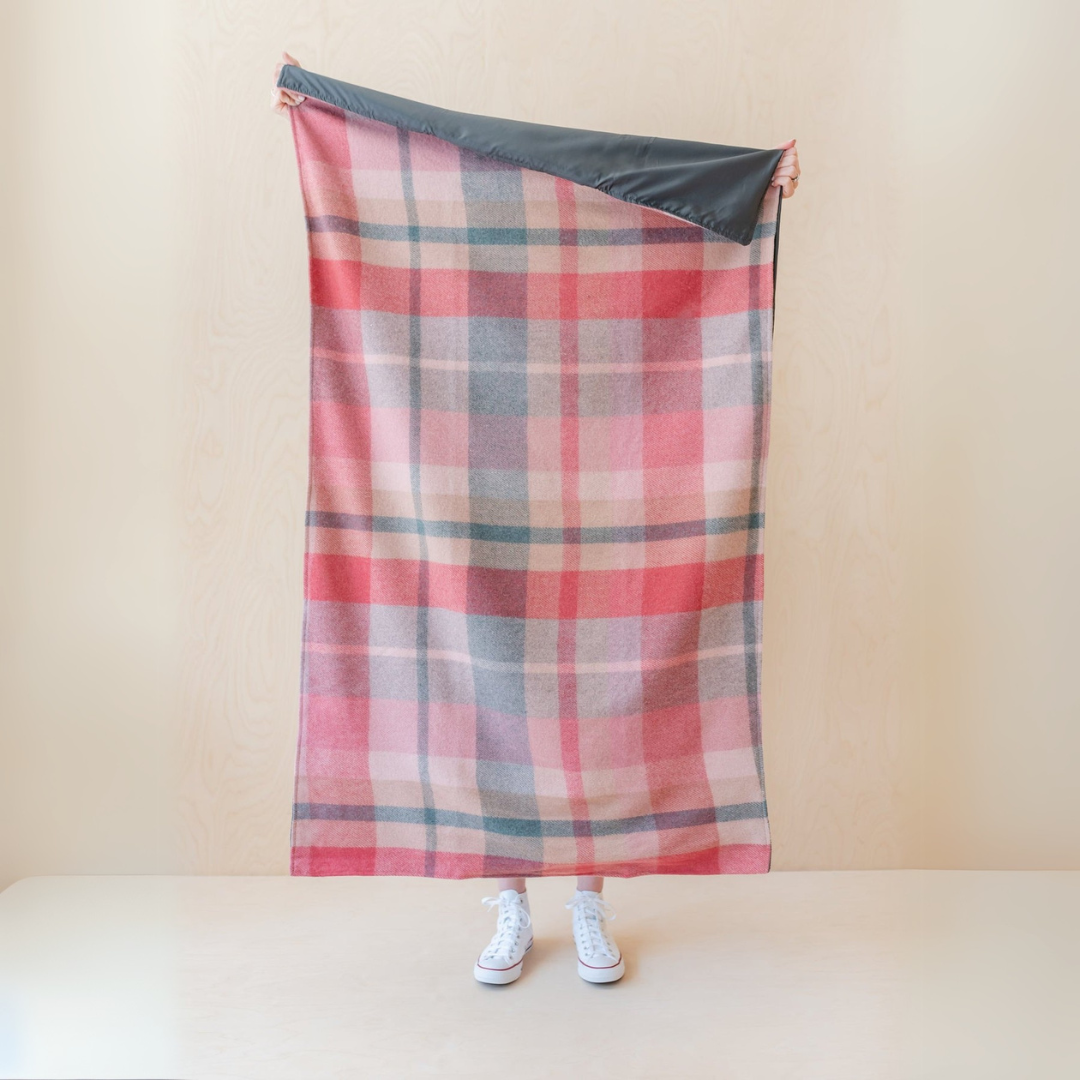 Small Recycled Wool Picnic Blanket, Pink Patchwork Check