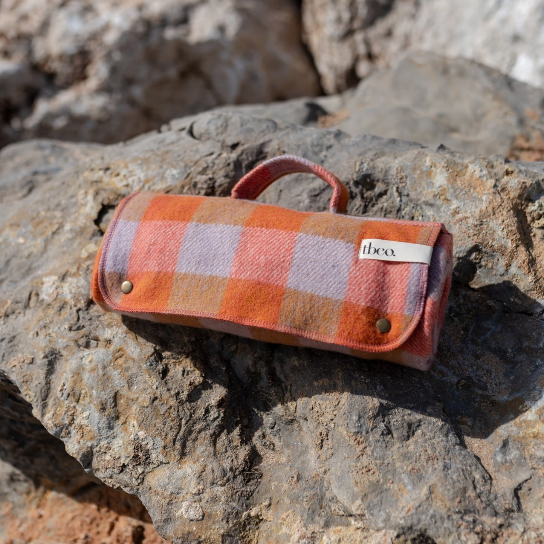 Small Recycled Wool Picnic Blanket, Orange Gingham
