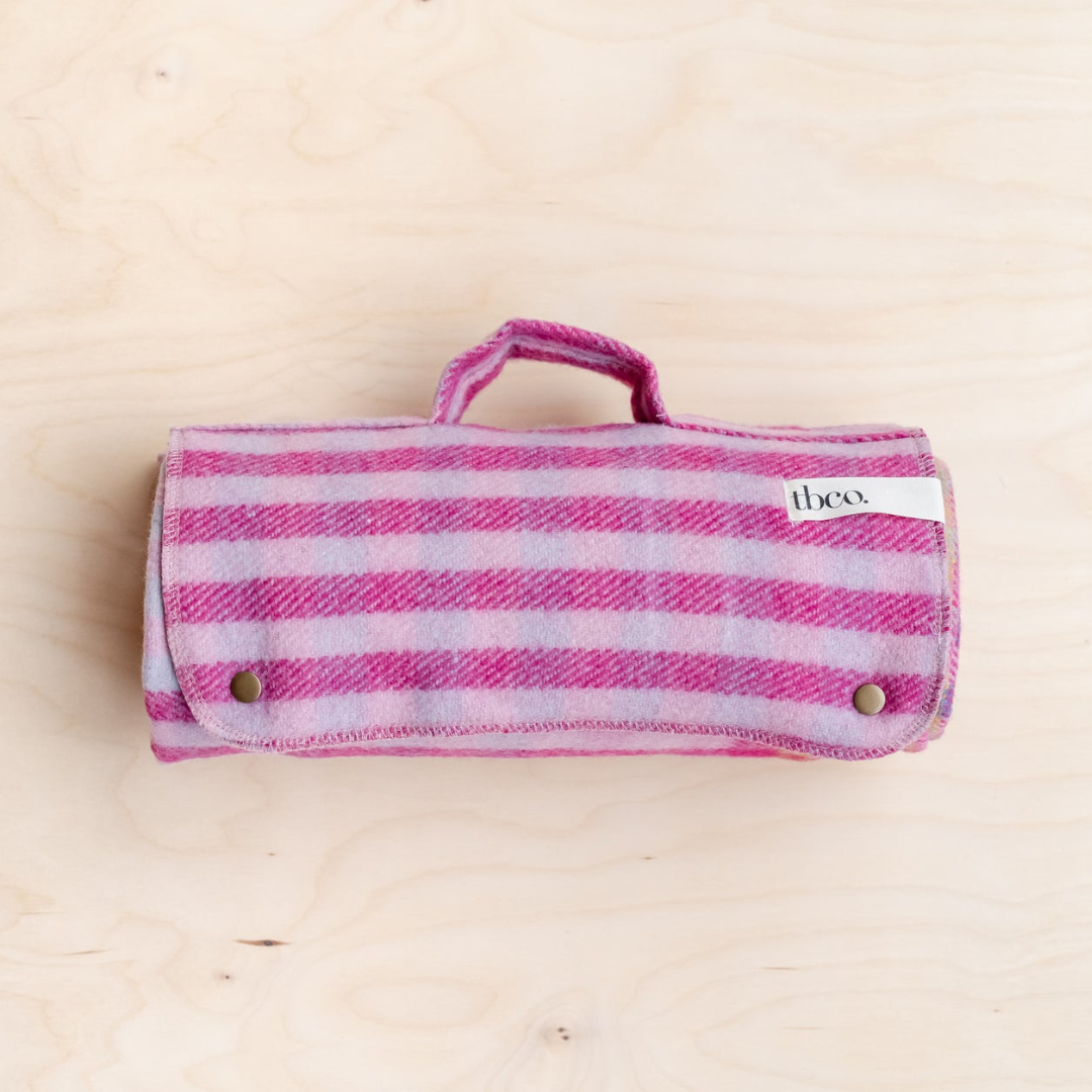 Small Recycled Wool Picnic Blanket, Pink Micro Gingham