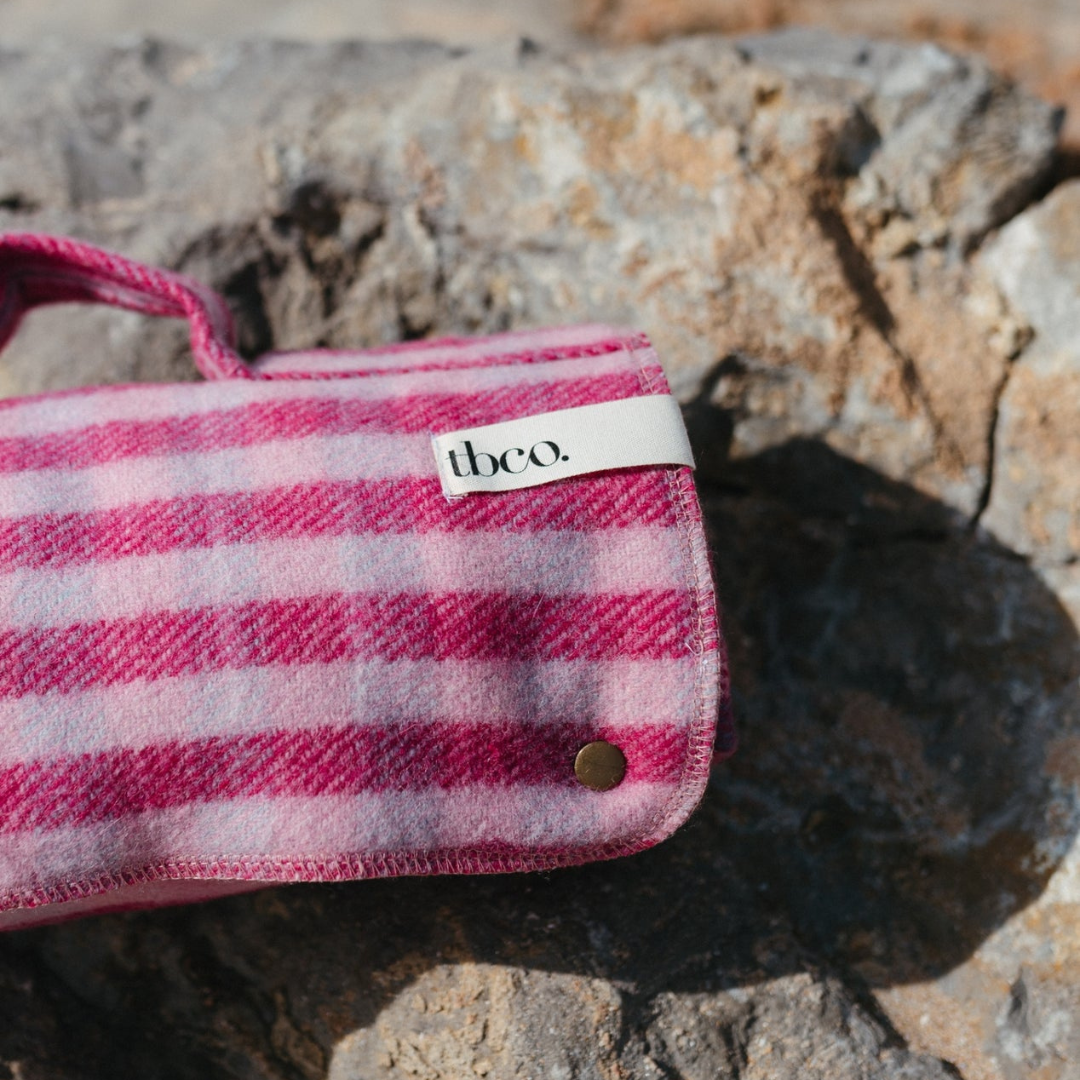 Small Recycled Wool Picnic Blanket, Pink Micro Gingham