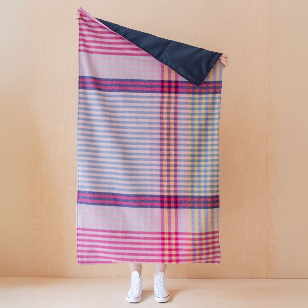 Small Recycled Wool Picnic Blanket, Pink Micro Gingham