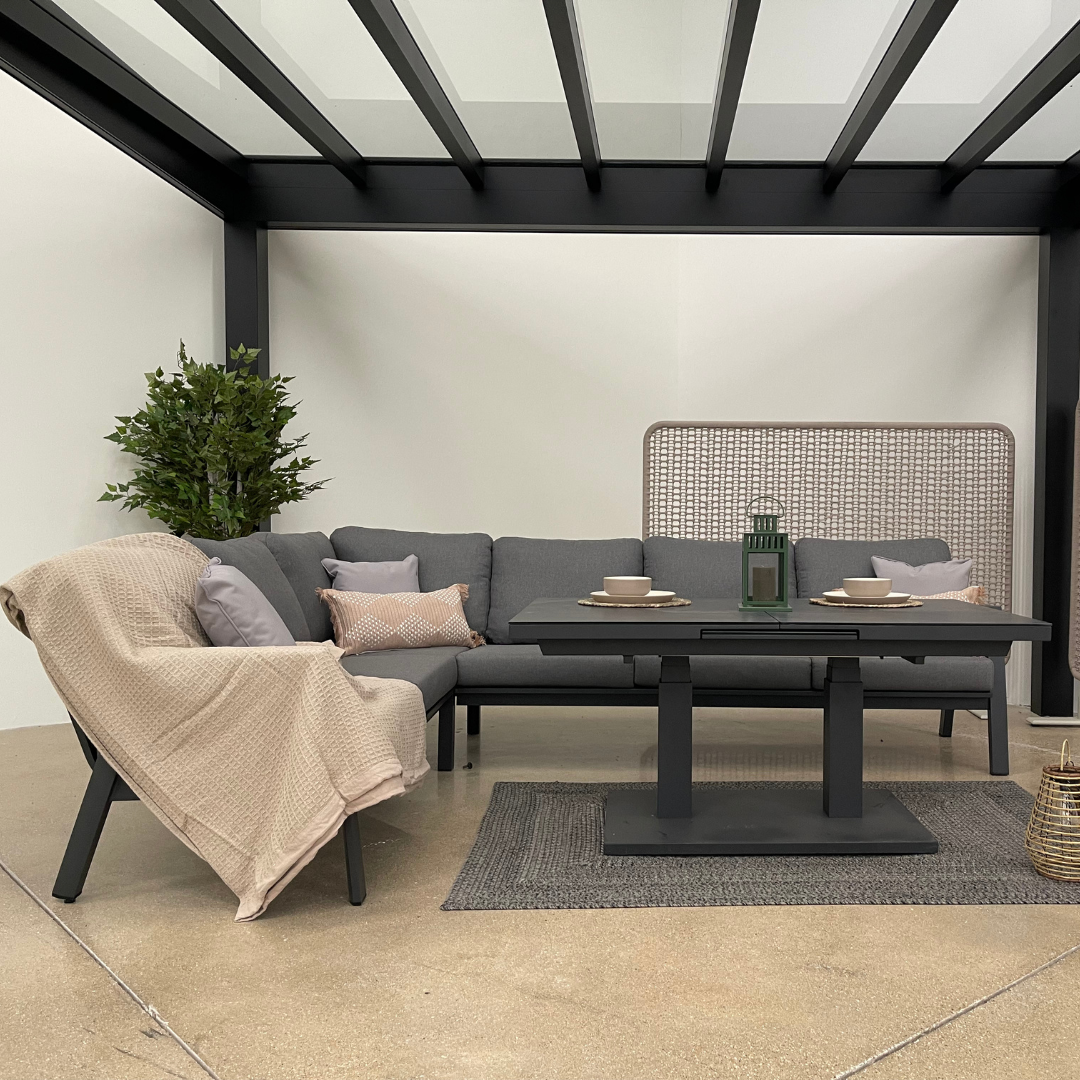 Nova - Phoenix L-Shaped Corner Sofa Lounge Dining Set with Rectangular Extending Rising Table, Grey