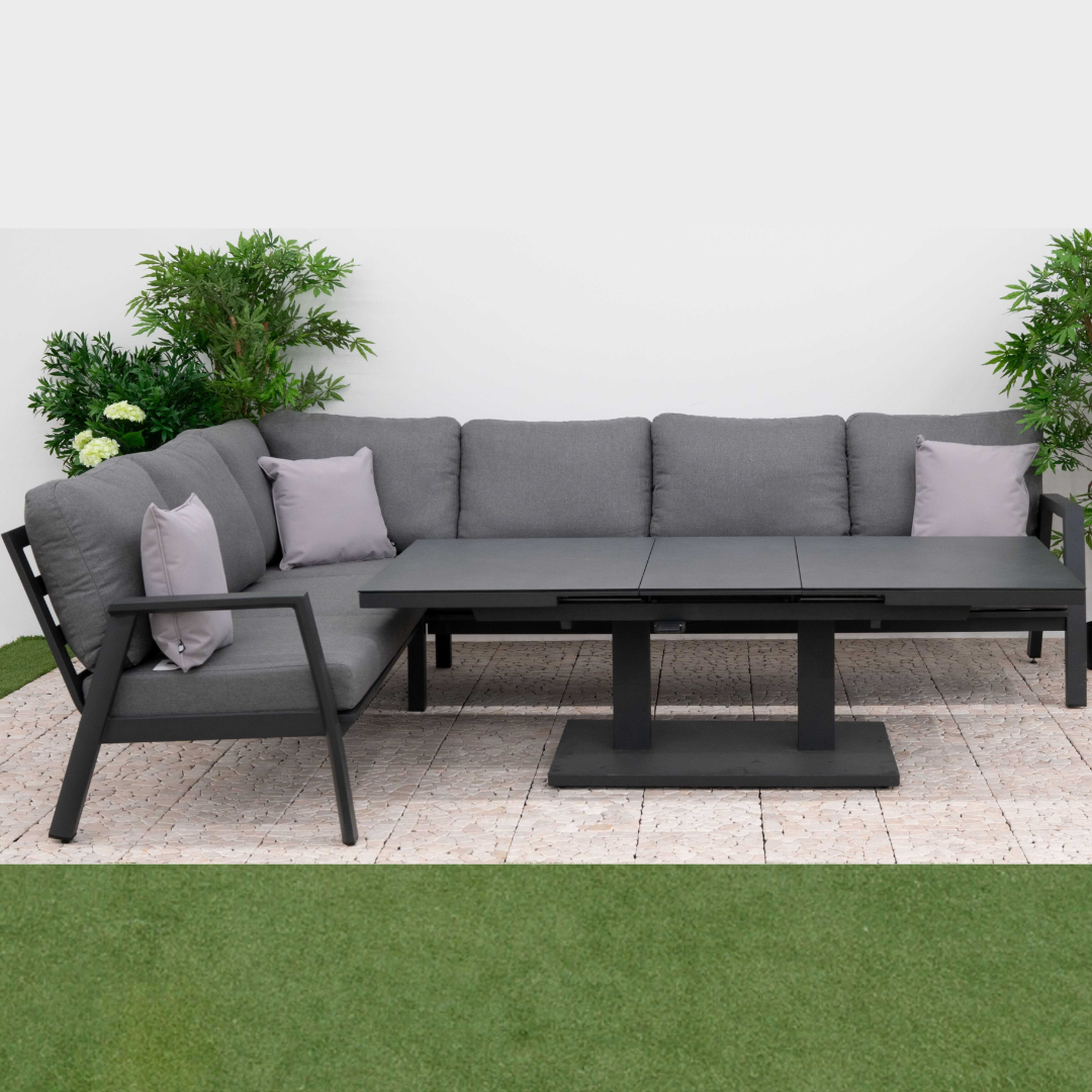 Nova - Phoenix L-Shaped Corner Sofa Lounge Dining Set with Rectangular Extending Rising Table, Grey