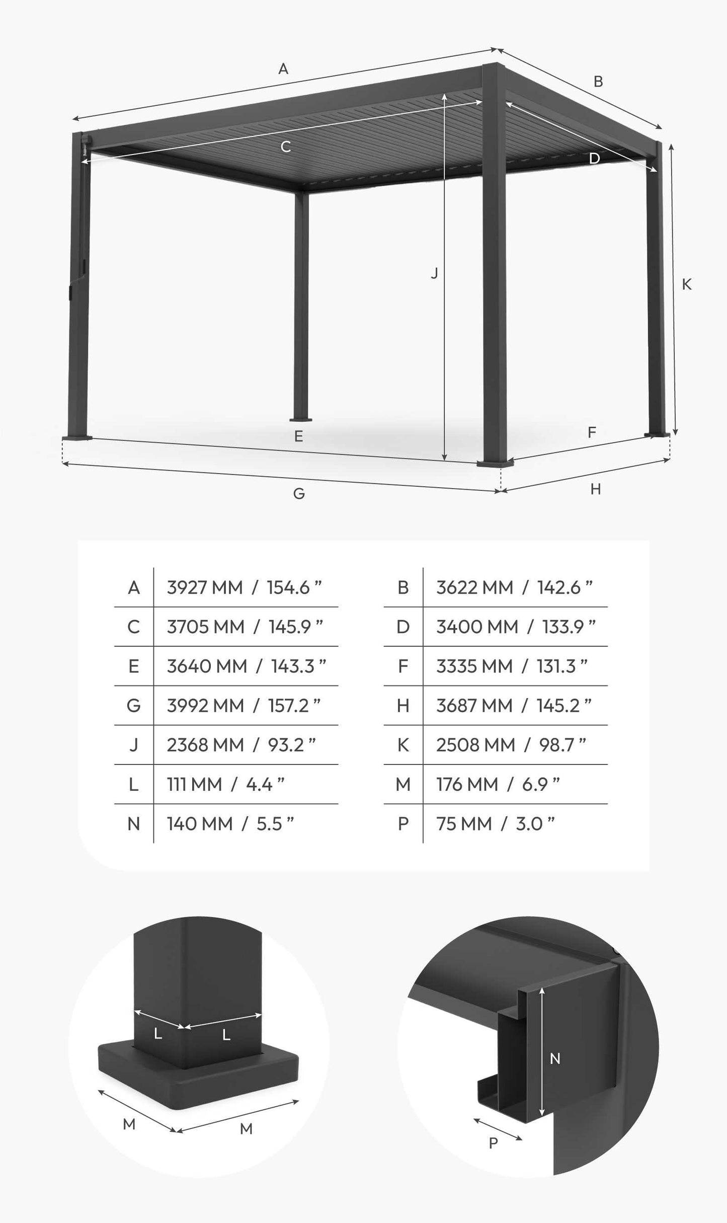 Nova - Titan Aluminium Pergola 4m x 3.6m, Pebble