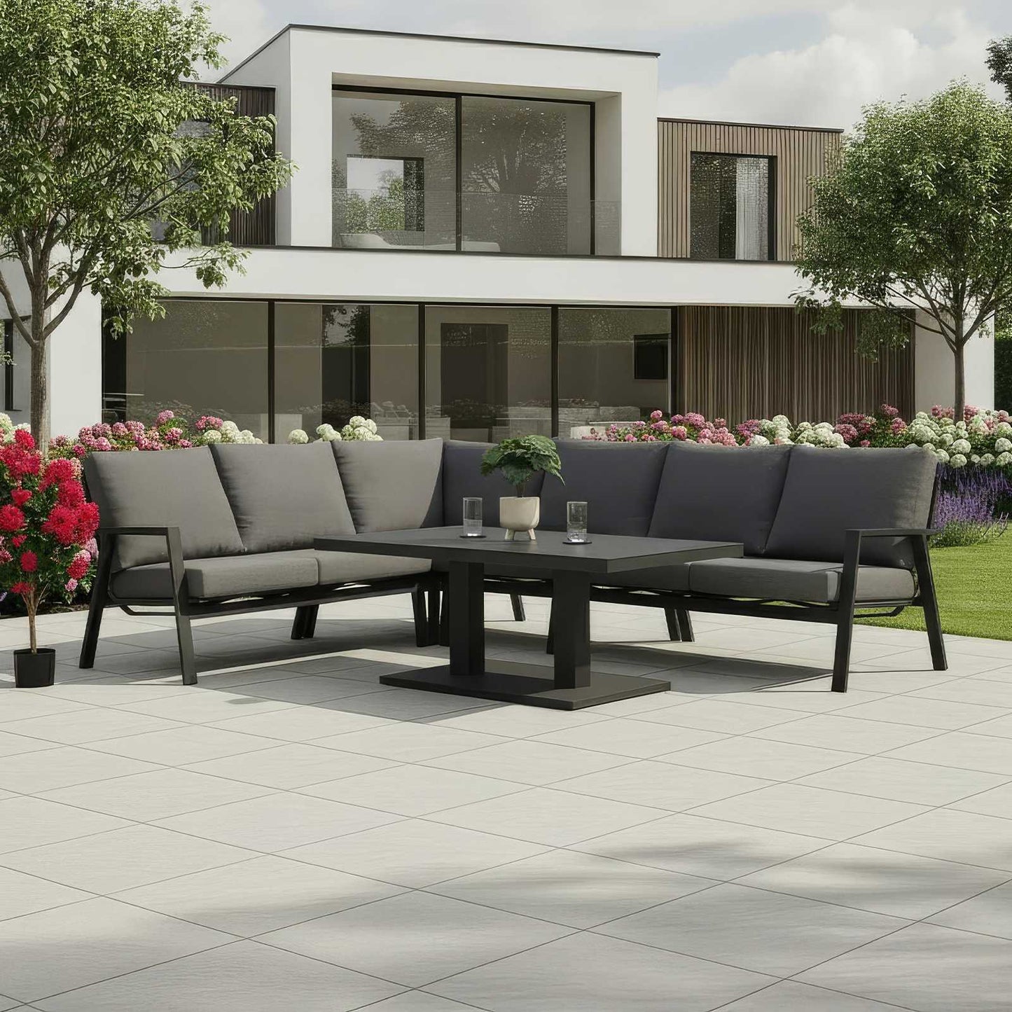 Nova - Zara L-Shaped Corner Sofa Lounge Dining Set with Rectangular Extending Rising Table, Grey