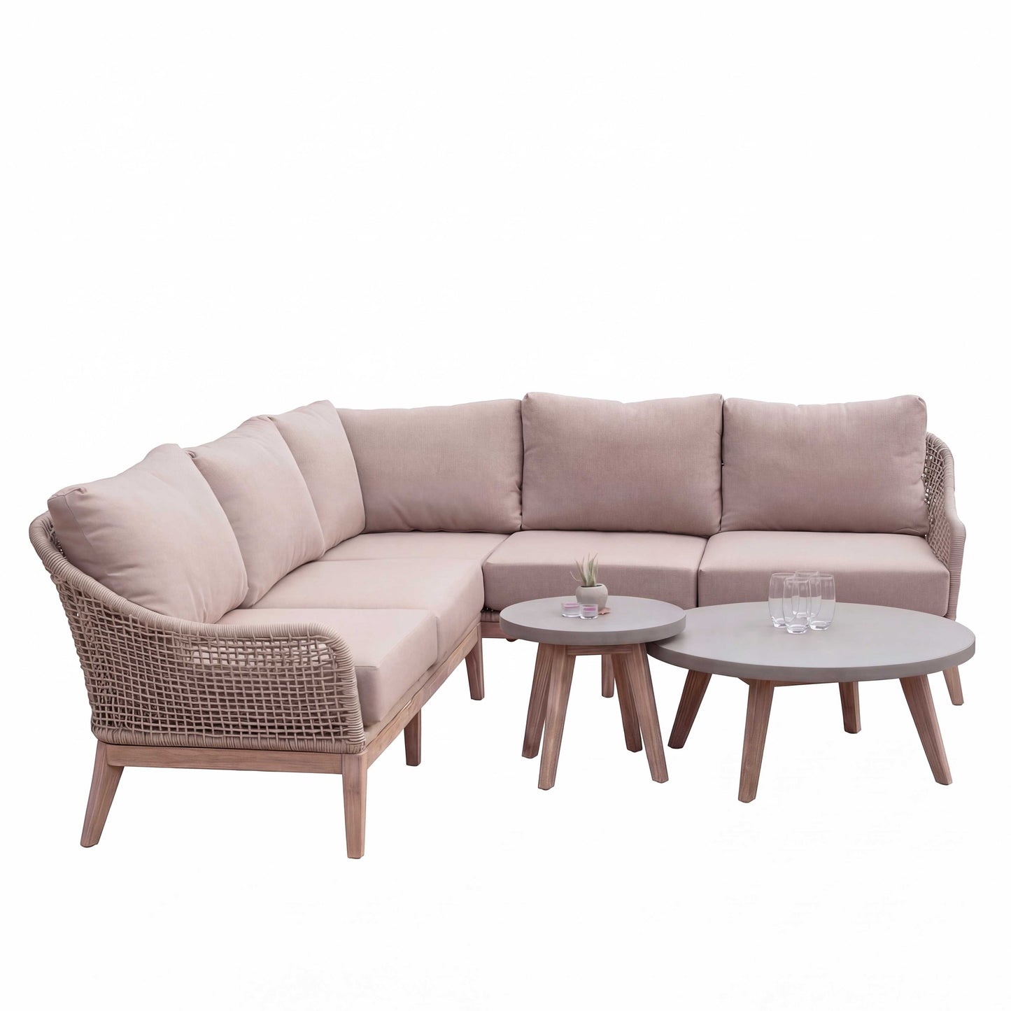 Nova - Summer Corner Sofa Lounging Set with Round Coffee Table & Side Table, Beige