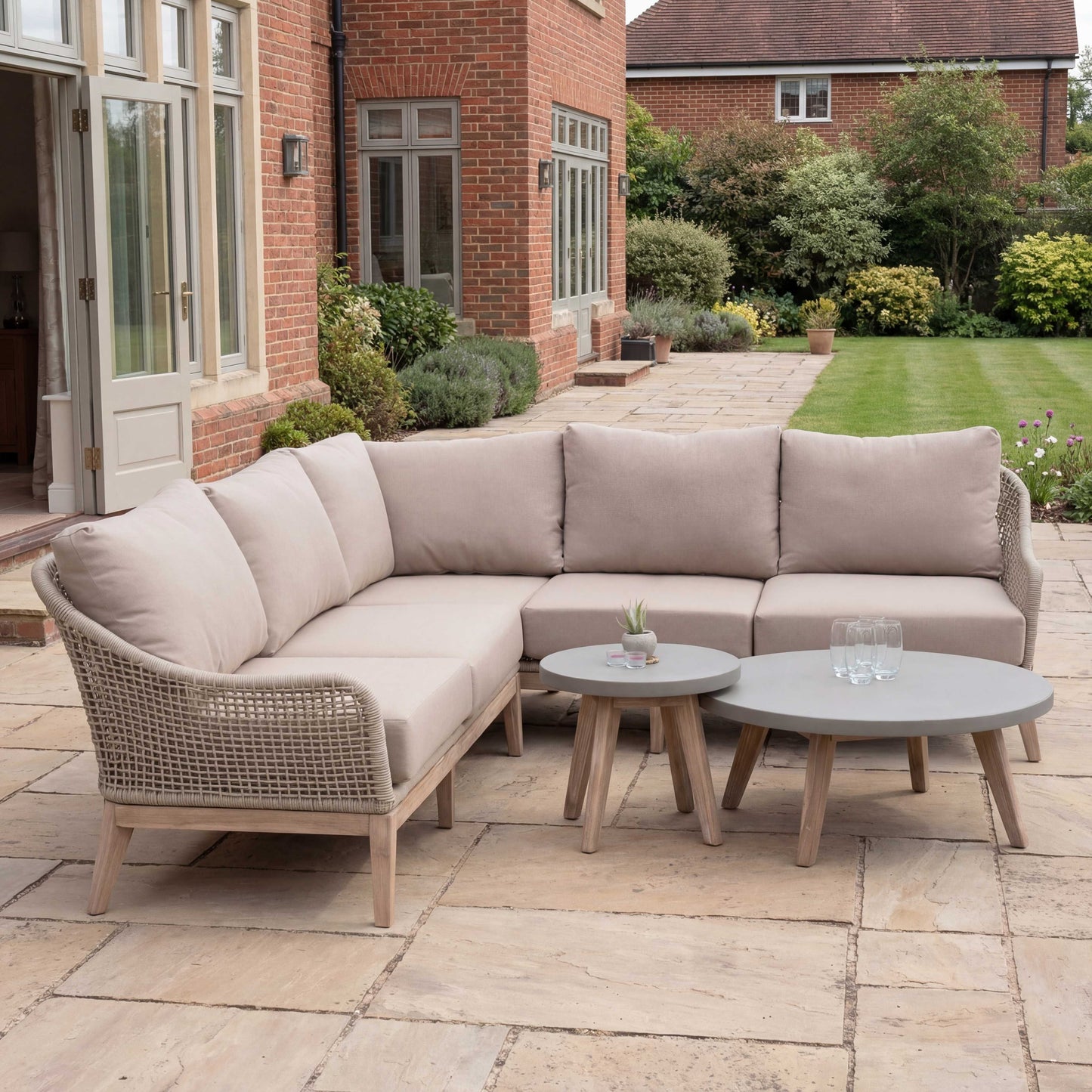 Nova - Summer Corner Sofa Lounging Set with Round Coffee Table & Side Table, Beige