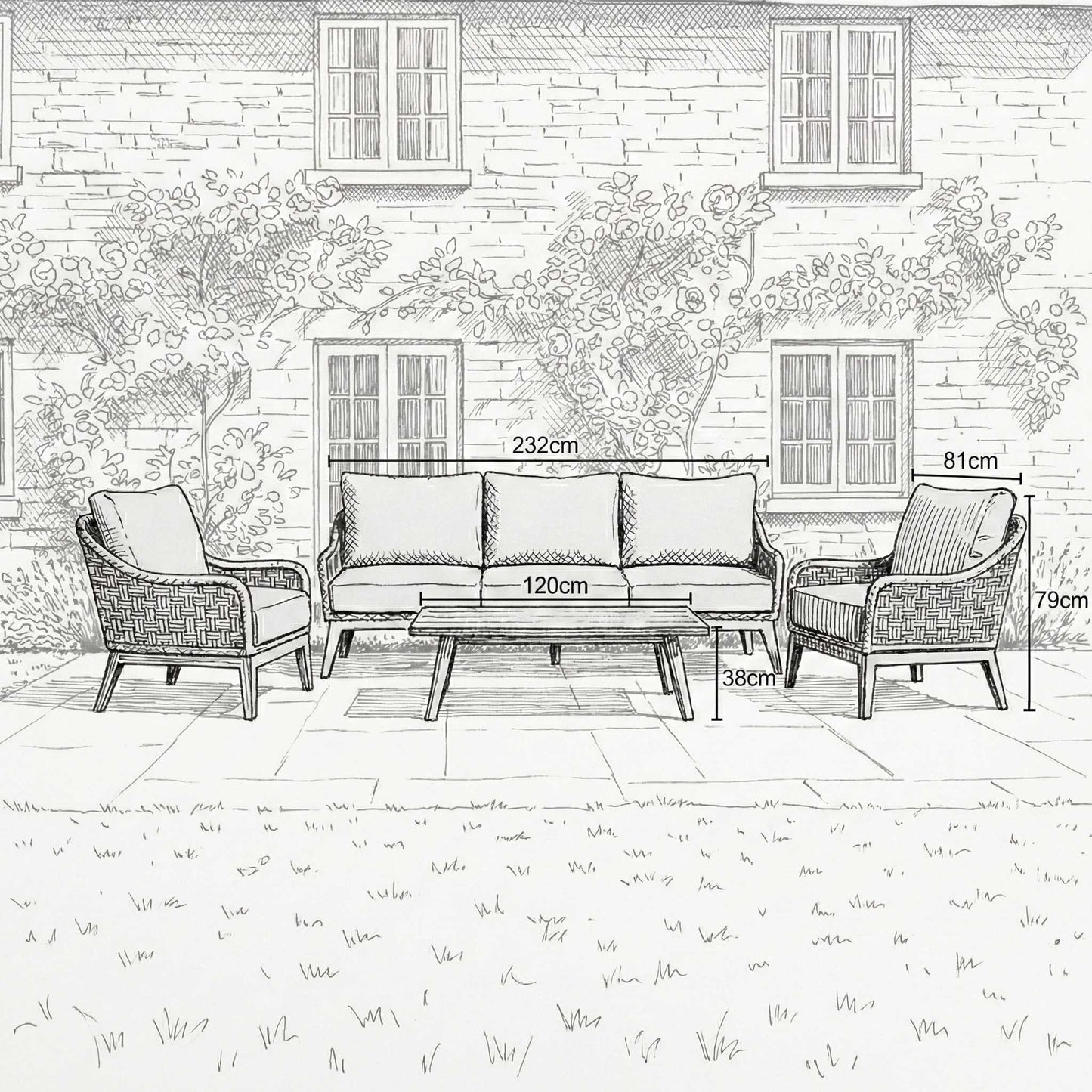 Nova - Summer 3 Seater Sofa Lounging Set with Rectangular Coffee Table, Beige