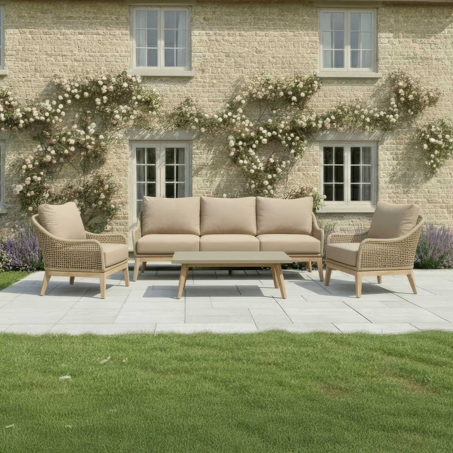 Nova - Summer 3 Seater Sofa Lounging Set with Rectangular Coffee Table, Beige