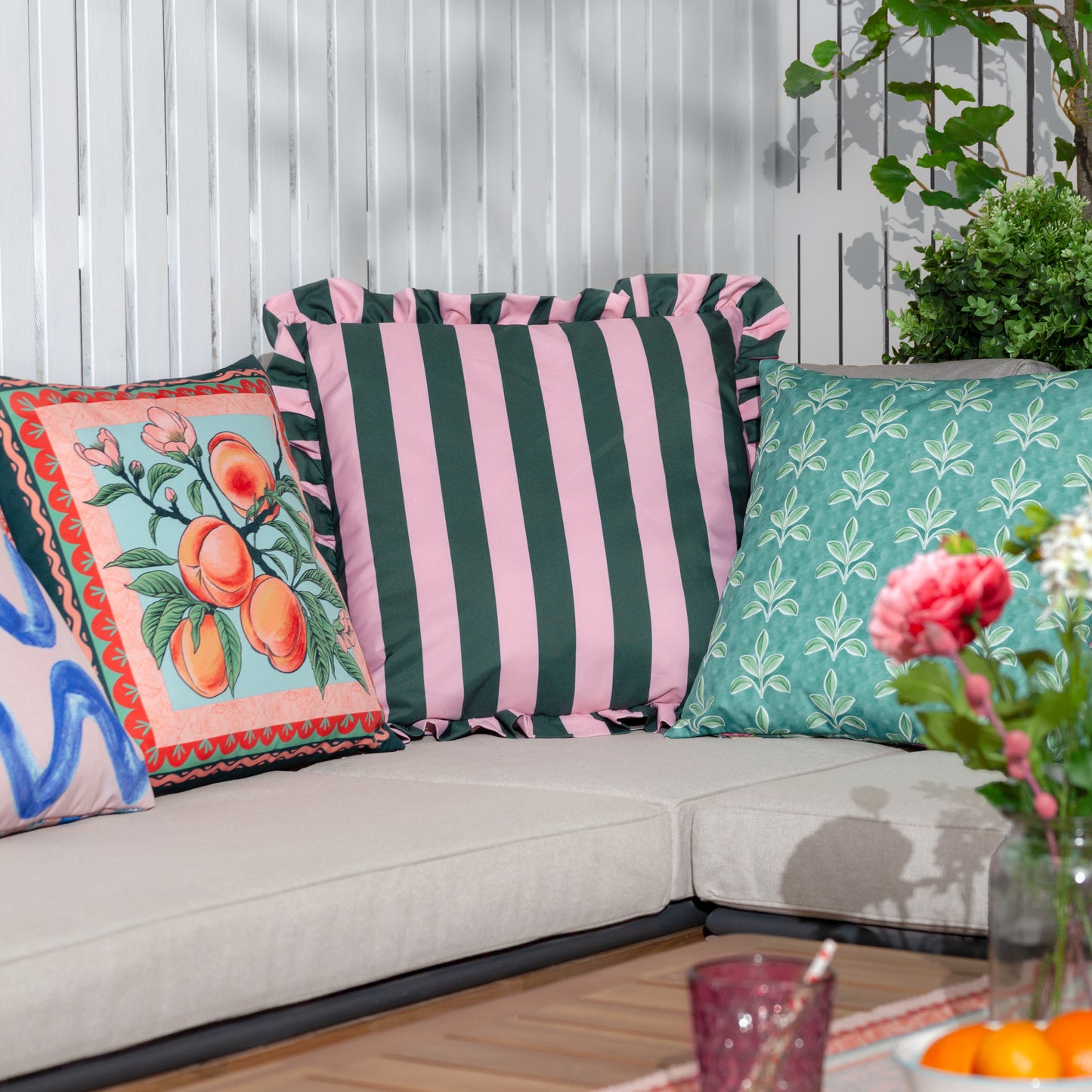 Palm Royale Stripe Pink/ Green Ruffle Printed Outdoor Cushion & Cover