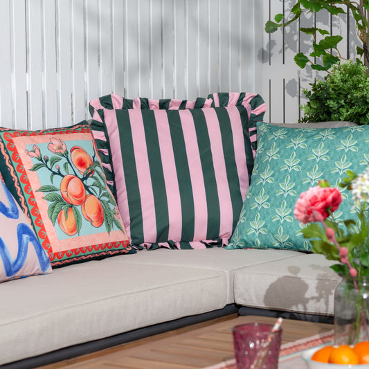 Palm Royale Stripe Pink/ Green Ruffle Printed Outdoor Cushion & Cover
