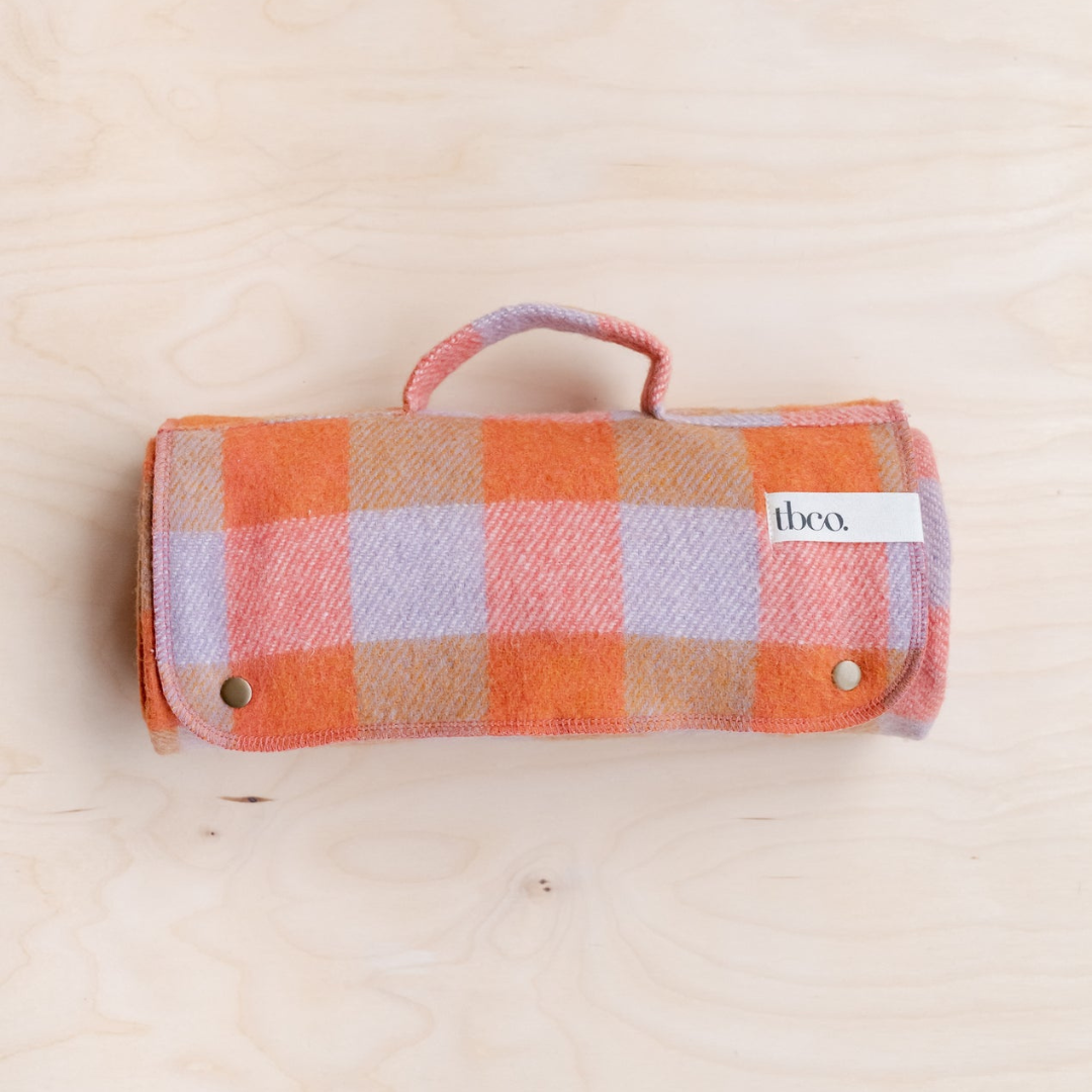 Small Recycled Wool Picnic Blanket, Orange Gingham